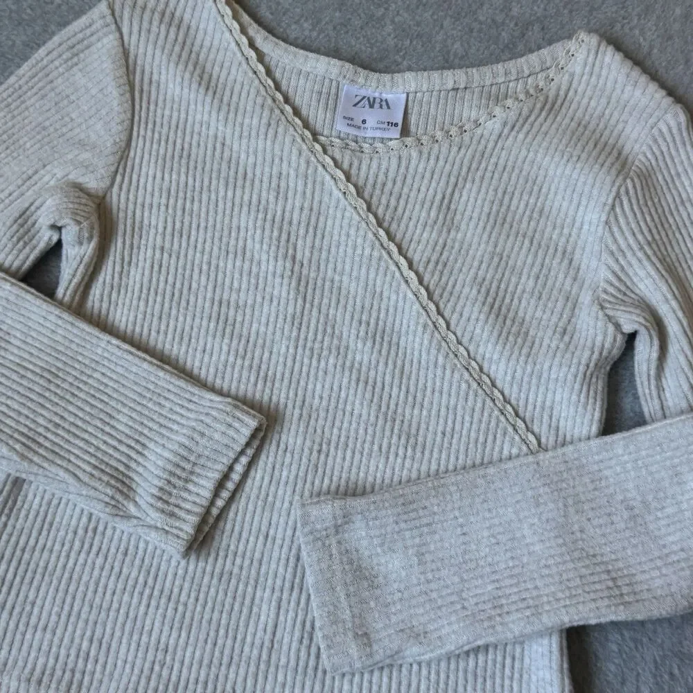 Zara Girls Flare Pants Size 6 Blue Crinkle Pullover Beige Long Sleeve Top Bundle
